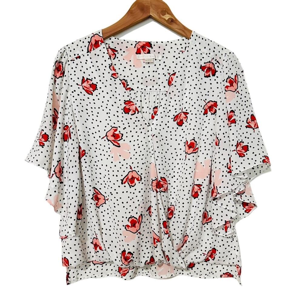 Cooper & Ella Polka Dot Floral Short Sleeve Crossover Front Blouse Size Small